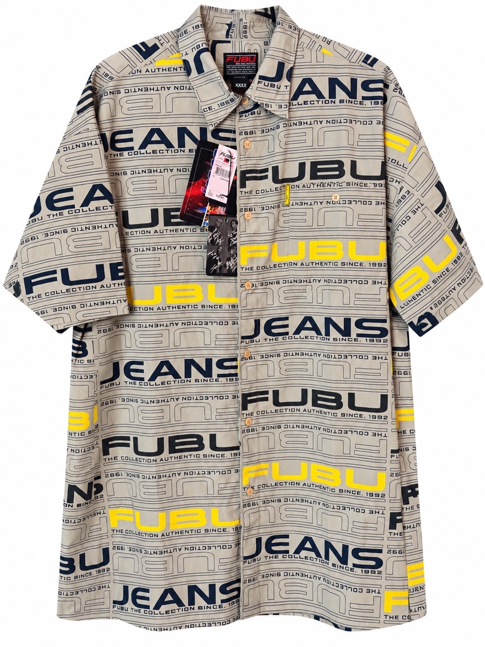 FUBU XXXL Allover Logo Print Short Sleeve Button-Up Shirt Beige Navy Yellow